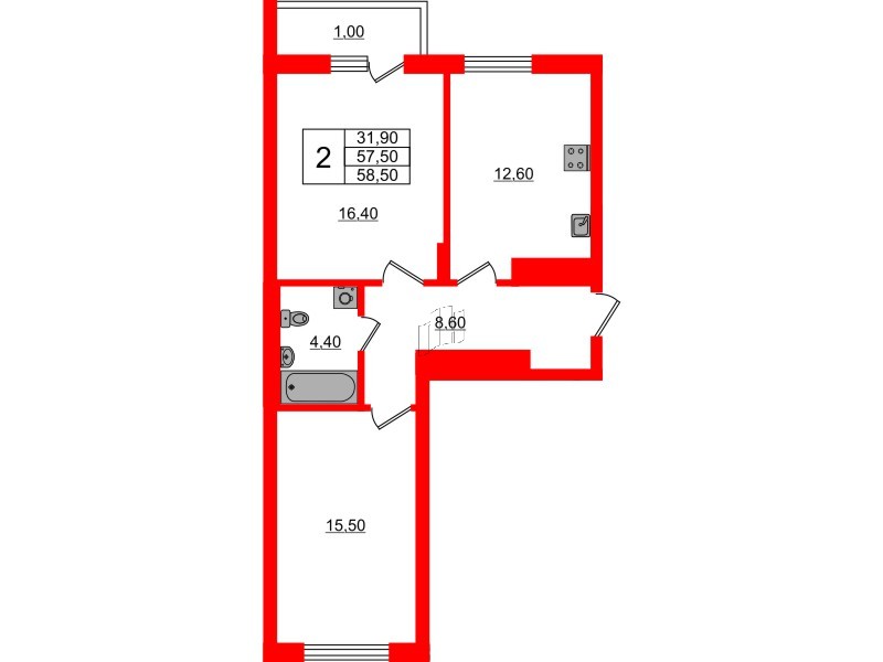 Квартира в ЖК Астория, 2 комнатная, 58.5 м², 5 этаж