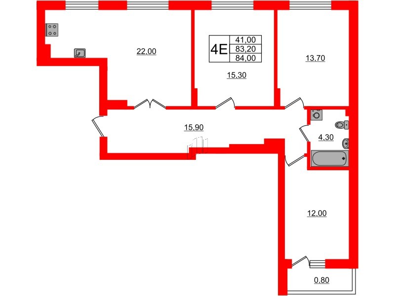 Квартира в ЖК Астория, 3 комнатная, 84 м², 2 этаж