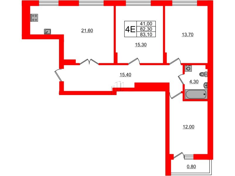 Квартира в ЖК Астория, 3 комнатная, 83.1 м², 5 этаж