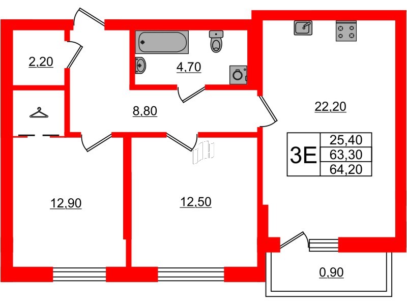 Квартира в ЖК Астория, 2 комнатная, 64.2 м², 7 этаж
