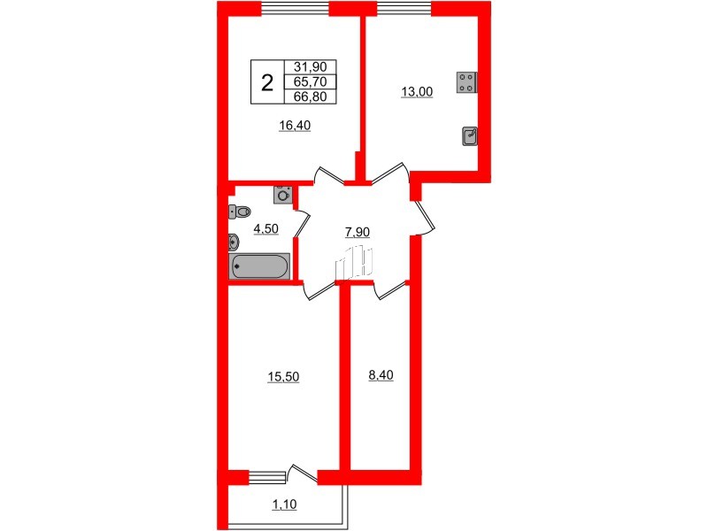 Квартира в ЖК Астория, 2 комнатная, 66.8 м², 1 этаж