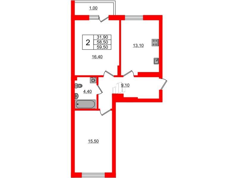Квартира в ЖК Астория, 2 комнатная, 59.5 м², 4 этаж