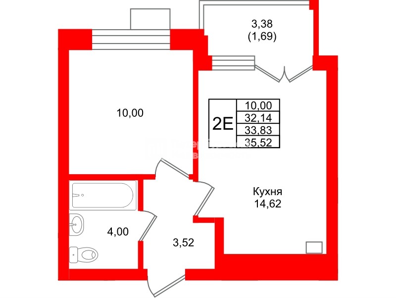 Квартира в ЖК Лэйк Сити-9, 1 комнатная, 33.83 м², 1 этаж