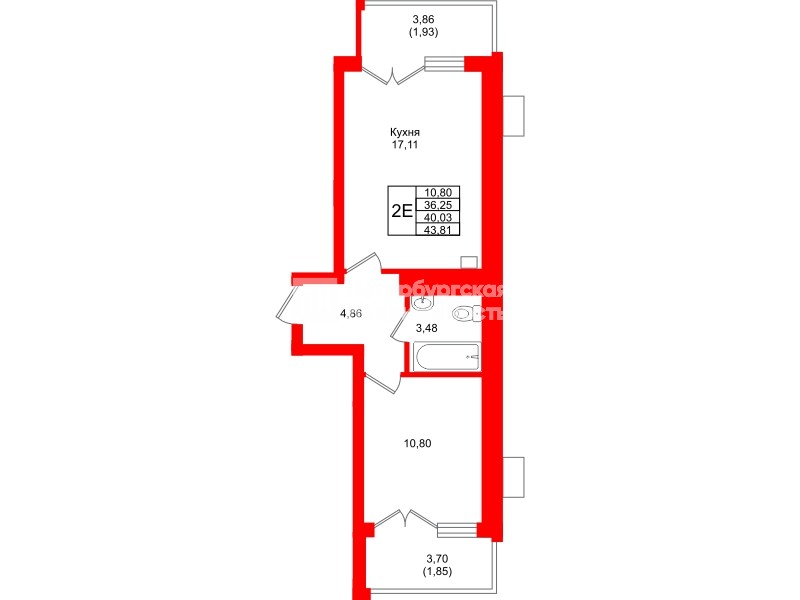 Квартира в ЖК Лэйк Сити-9, 1 комнатная, 40.03 м², 2 этаж