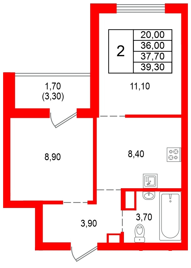 Квартира в ЖК Альпенштадт, 2 комнатная, 37.7 м², 6 этаж