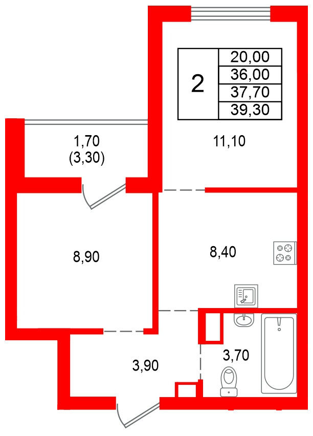 Квартира в ЖК Альпенштадт, 2 комнатная, 37.7 м², 11 этаж