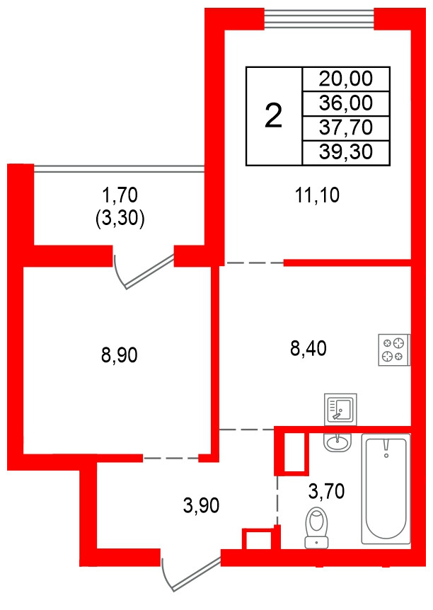 Квартира в ЖК Альпенштадт, 2 комнатная, 37.7 м², 12 этаж