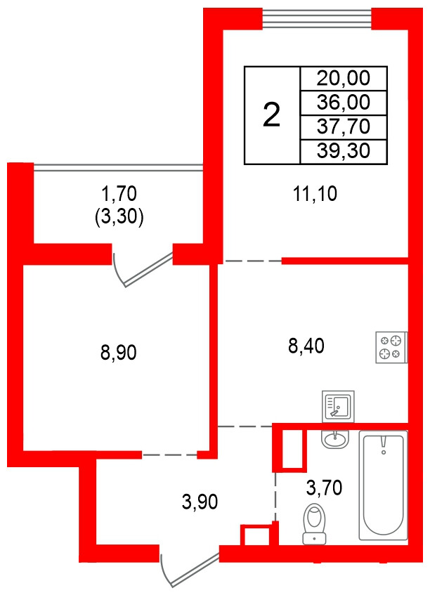 Квартира в ЖК Альпенштадт, 2 комнатная, 37.7 м², 13 этаж