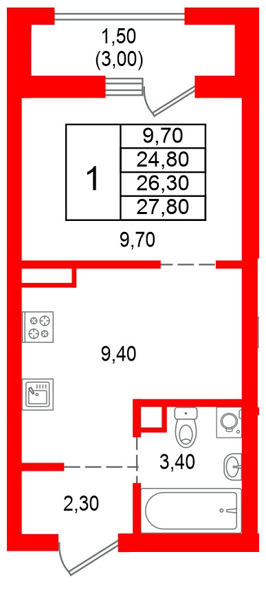 Квартира в ЖК Альпенштадт, 1 комнатная, 26.3 м², 8 этаж