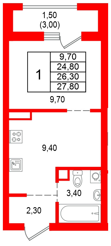 Квартира в ЖК Альпенштадт, 1 комнатная, 26.3 м², 9 этаж