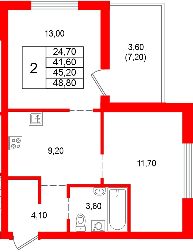 Квартира в ЖК Альпенштадт, 2 комнатная, 45.2 м², 1 этаж