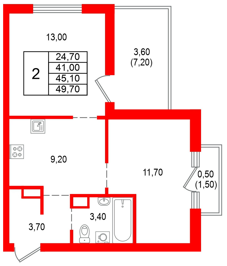Квартира в ЖК Альпенштадт, 2 комнатная, 45.1 м², 2 этаж