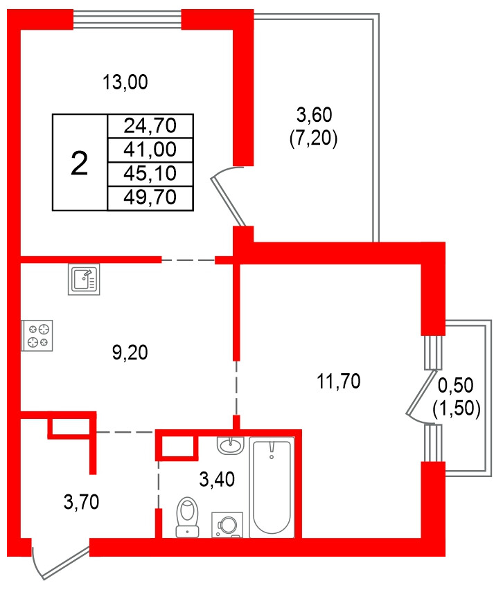 Квартира в ЖК Альпенштадт, 2 комнатная, 45.1 м², 5 этаж