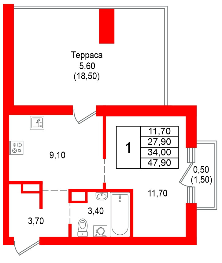 Квартира в ЖК Альпенштадт, 1 комнатная, 34 м², 8 этаж