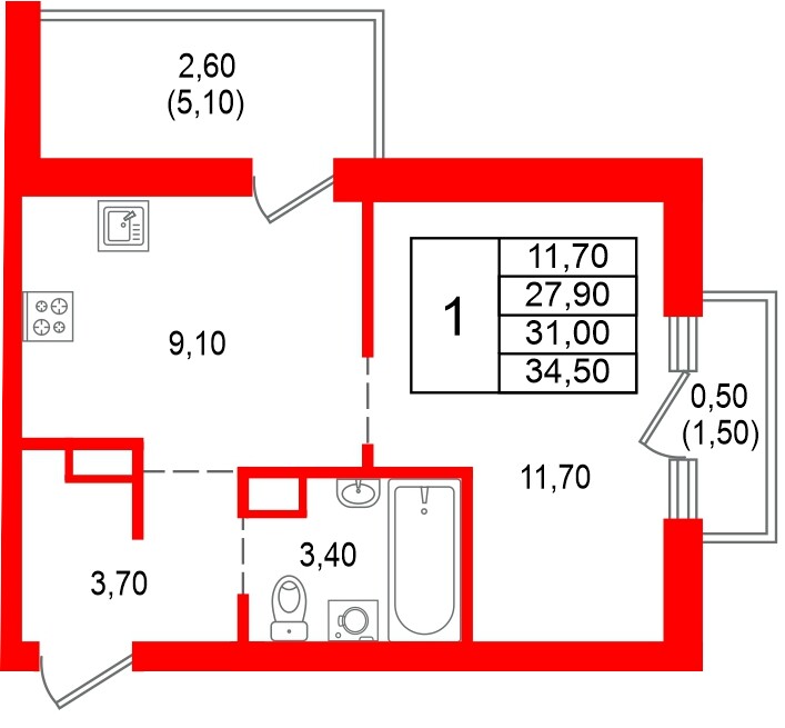 Квартира в ЖК Альпенштадт, 1 комнатная, 31 м², 10 этаж