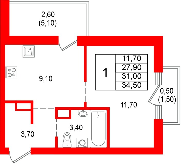Квартира в ЖК Альпенштадт, 1 комнатная, 31 м², 12 этаж