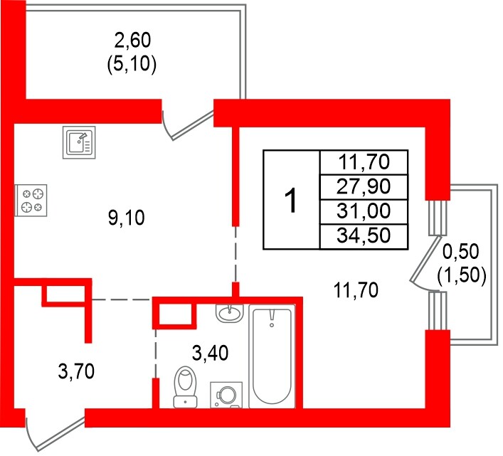 Квартира в ЖК Альпенштадт, 1 комнатная, 31 м², 14 этаж