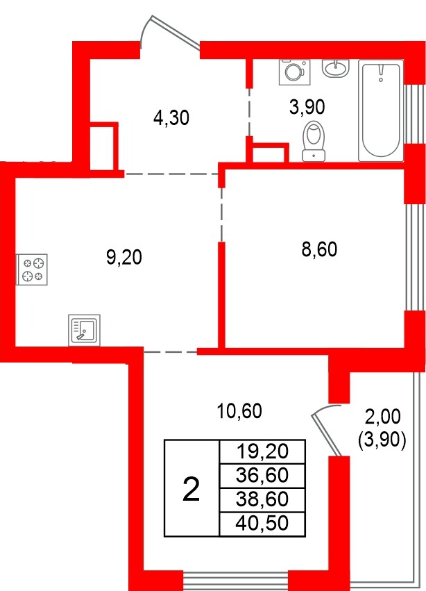 Квартира в ЖК Альпенштадт, 2 комнатная, 38.6 м², 2 этаж