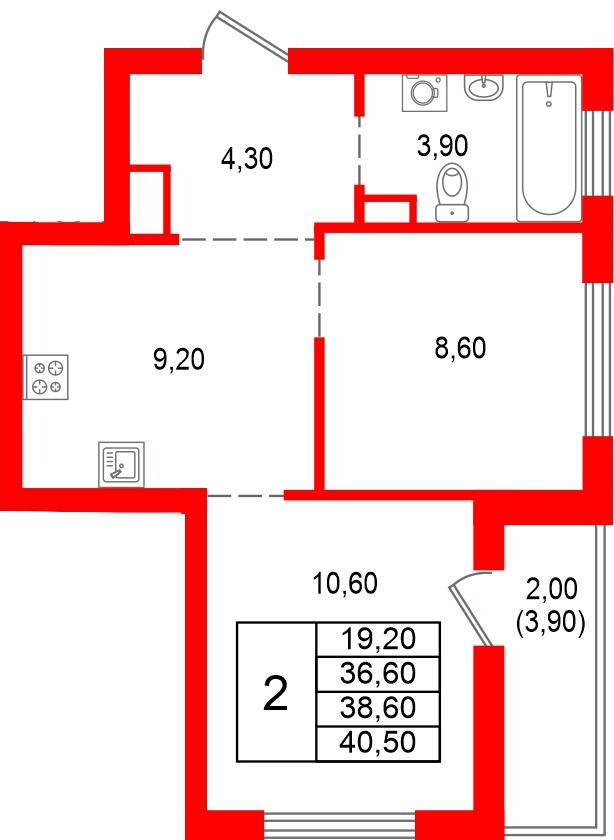 Квартира в ЖК Альпенштадт, 2 комнатная, 38.7 м², 9 этаж