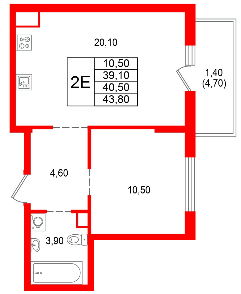 Квартира в ЖК Альпенштадт, 1 комнатная, 40.5 м², 2 этаж