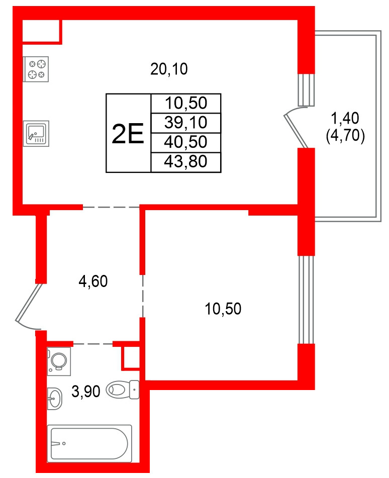 Квартира в ЖК Альпенштадт, 1 комнатная, 40.5 м², 4 этаж