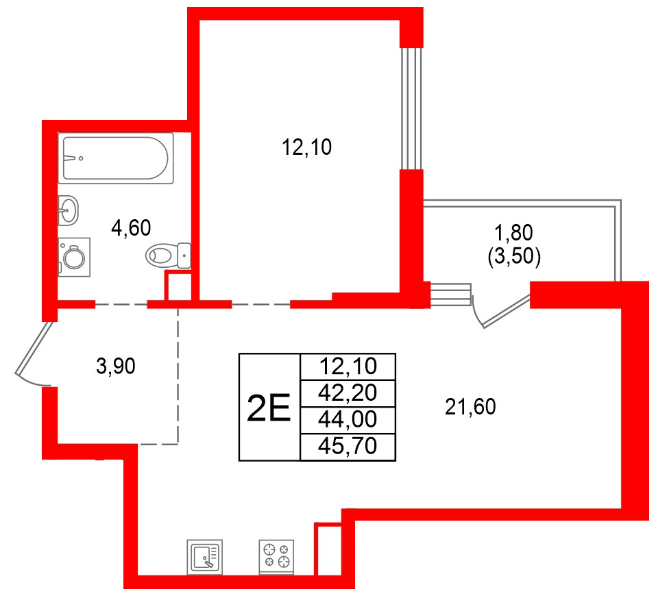 Квартира в ЖК Альпенштадт, 1 комнатная, 44 м², 13 этаж