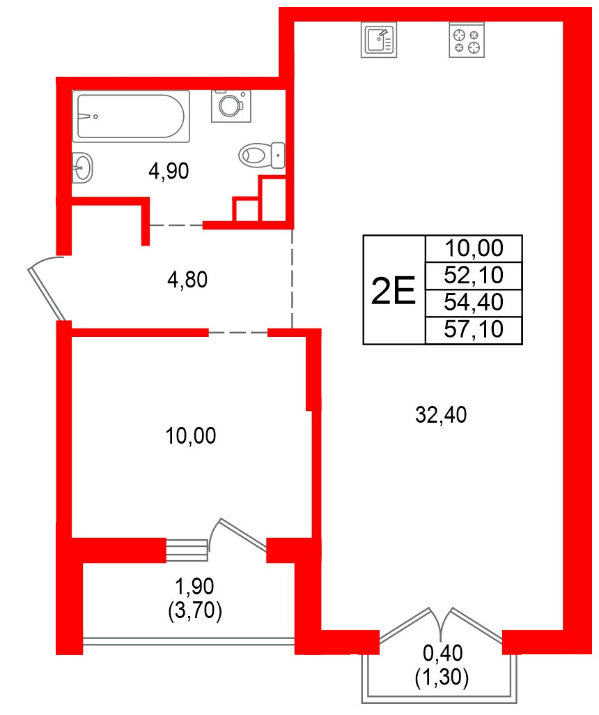 Квартира в ЖК Альпенштадт, 1 комнатная, 54.4 м², 2 этаж