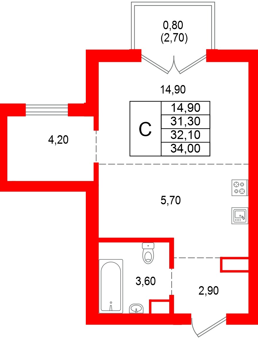 Квартира в ЖК Альпенштадт, студия, 32.1 м², 2 этаж