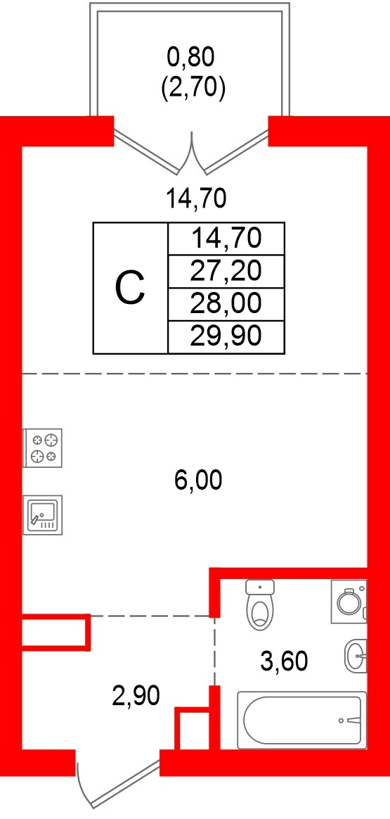 Квартира в ЖК Альпенштадт, студия, 28 м², 8 этаж