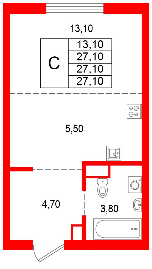 Квартира в ЖК Альпенштадт, студия, 27.1 м², 1 этаж