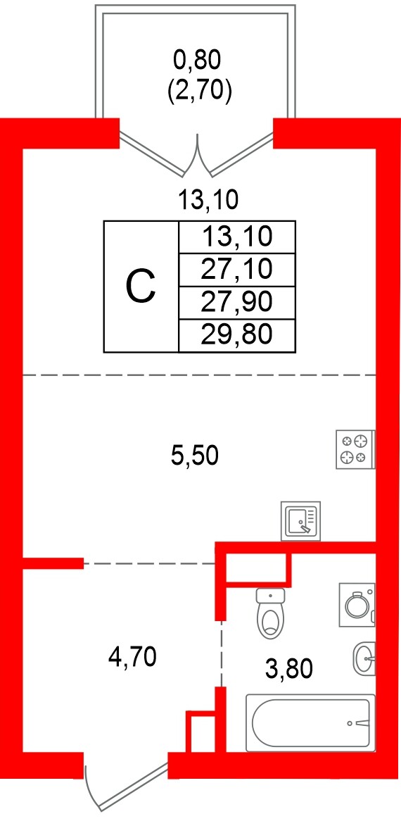 Квартира в ЖК Альпенштадт, студия, 27.9 м², 2 этаж