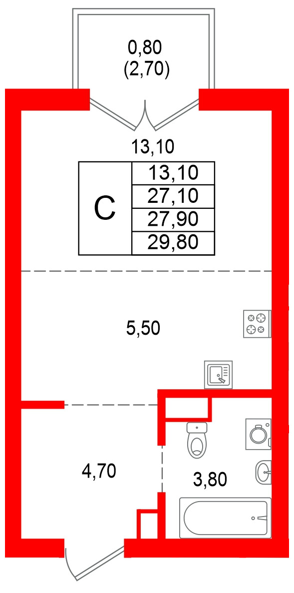 Квартира в ЖК Альпенштадт, студия, 27.9 м², 6 этаж