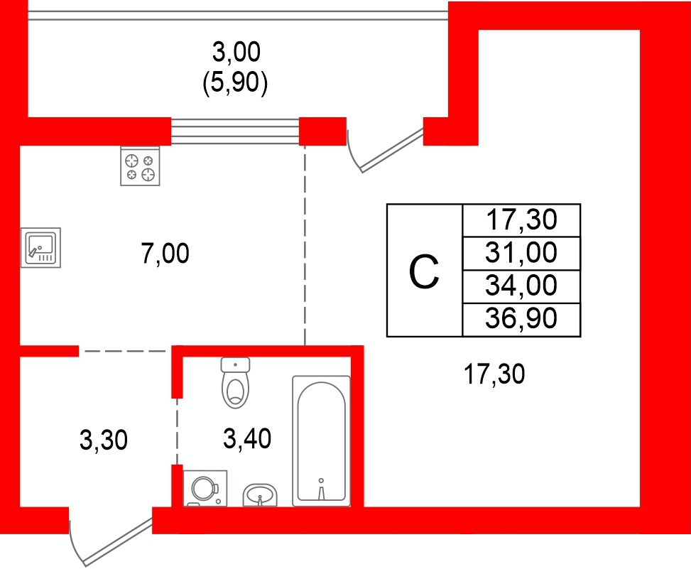 Квартира в ЖК Альпенштадт, студия, 34 м², 1 этаж