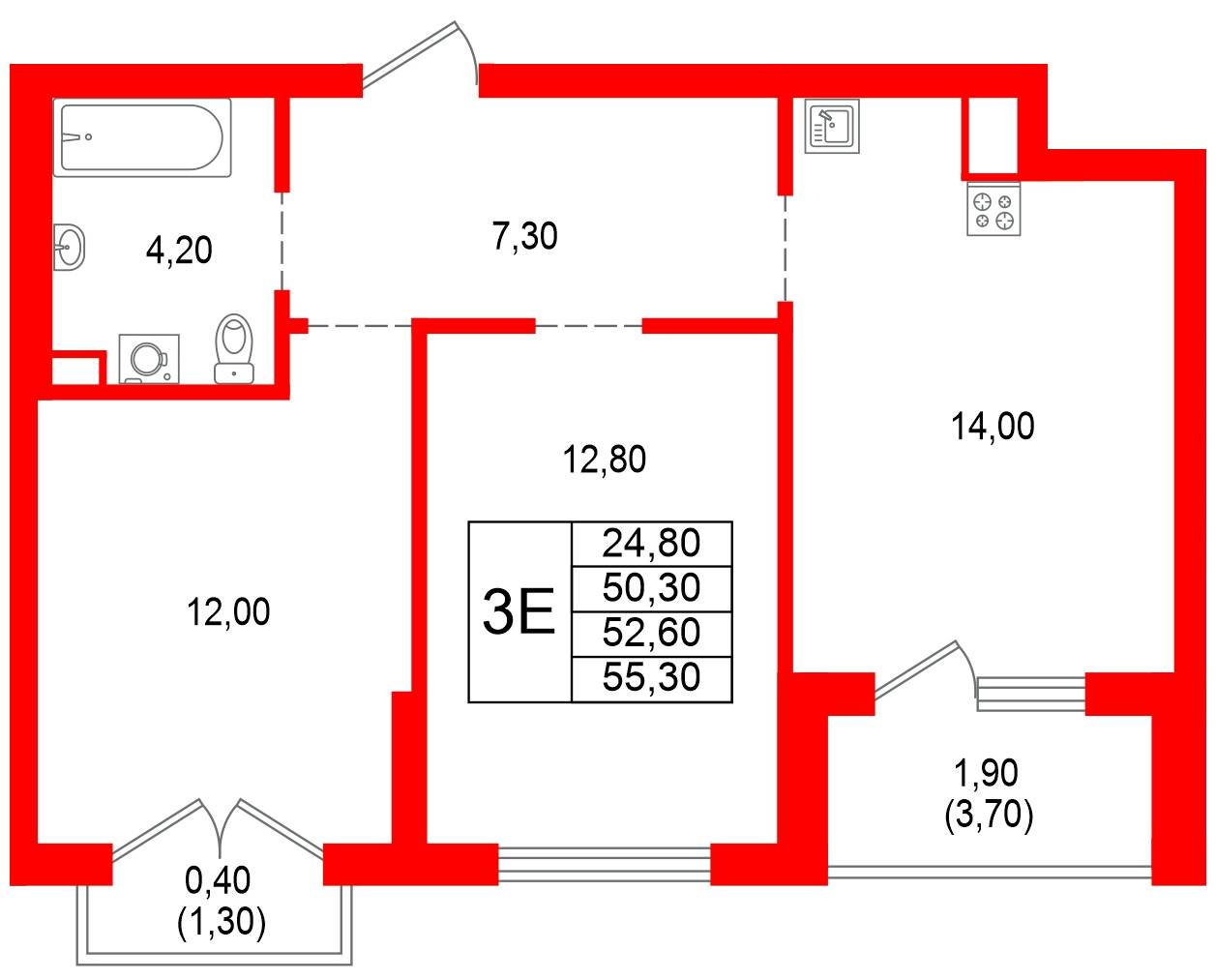 Квартира в ЖК Альпенштадт, 2 комнатная, 52.6 м², 7 этаж
