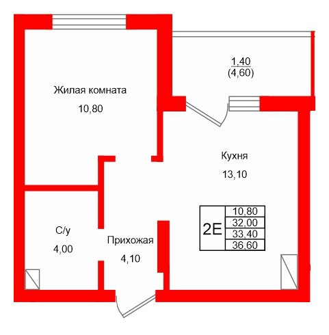 Квартира в ЖК Левада, 1 комнатная, 33.4 м², 3 этаж