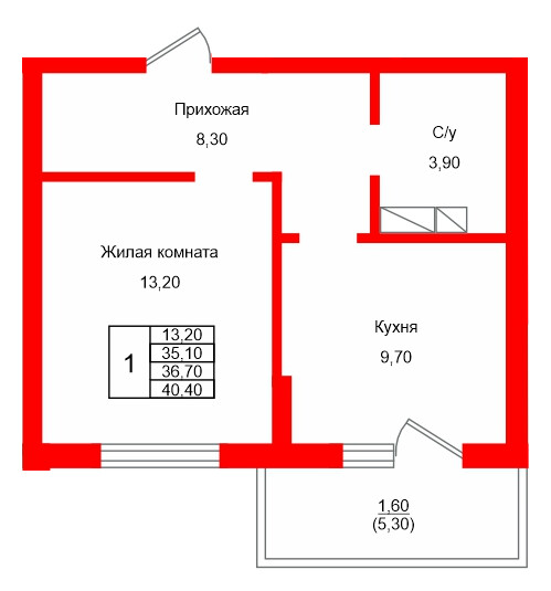 Квартира в ЖК Левада, 1 комнатная, 36.7 м², 2 этаж