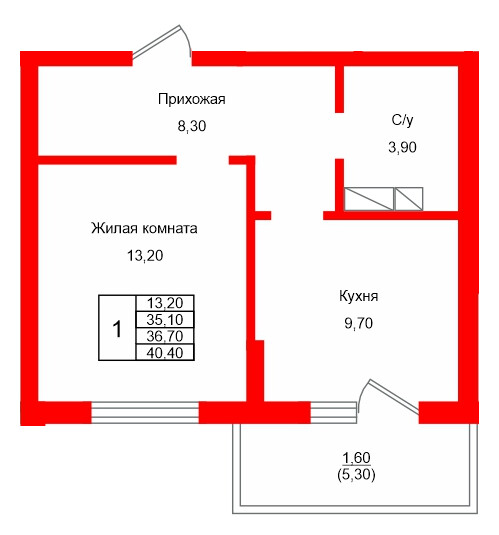 Квартира в ЖК Левада, 1 комнатная, 36.7 м², 9 этаж