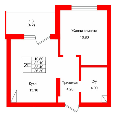 Квартира в ЖК Левада, 1 комнатная, 33.4 м², 2 этаж