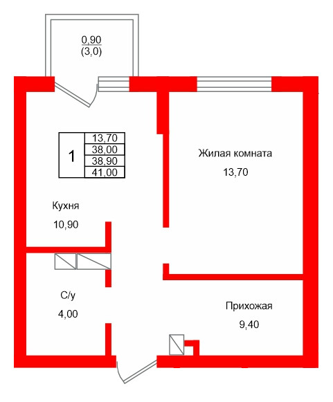 Квартира в ЖК Левада, 1 комнатная, 38.9 м², 9 этаж
