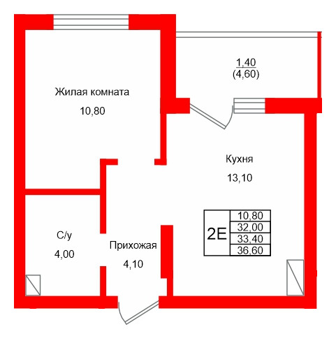 Квартира в ЖК Левада, 1 комнатная, 33.4 м², 4 этаж