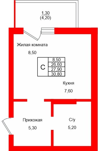 Квартира в ЖК Левада, студия, 27.9 м², 1 этаж