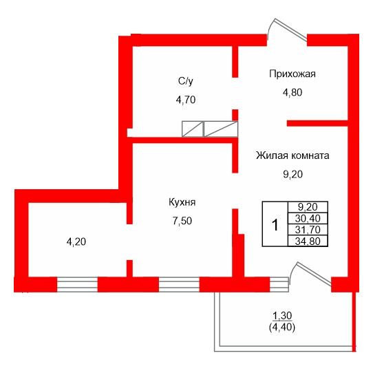 Квартира в ЖК Левада, 1 комнатная, 31.7 м², 9 этаж