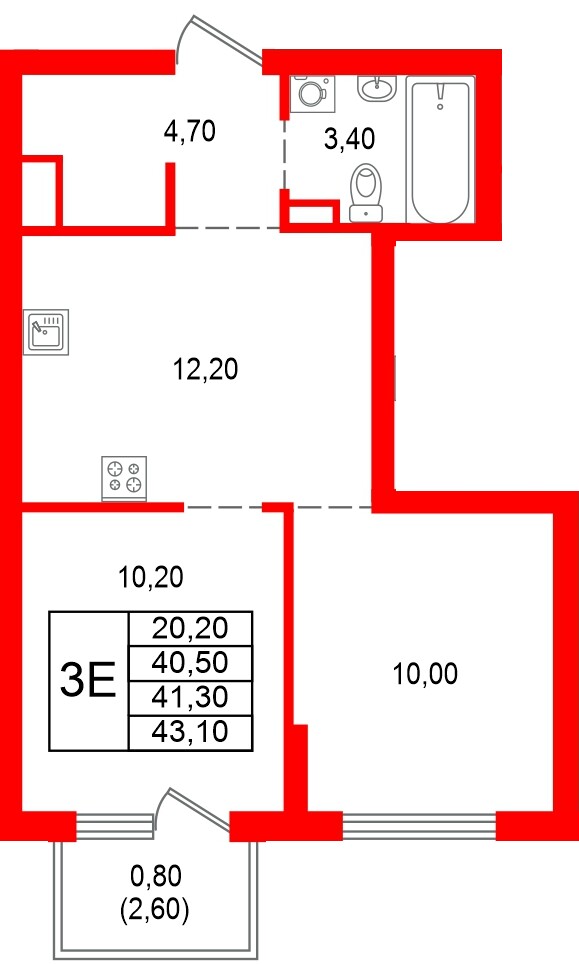 Квартира в ЖК Альпенштадт, 2 комнатная, 41.3 м², 7 этаж