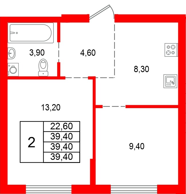 Квартира в ЖК Альпенштадт, 2 комнатная, 39.4 м², 1 этаж