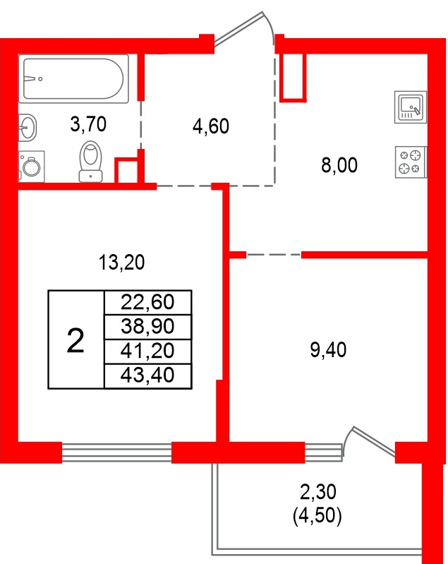 Квартира в ЖК Альпенштадт, 2 комнатная, 41.2 м², 2 этаж