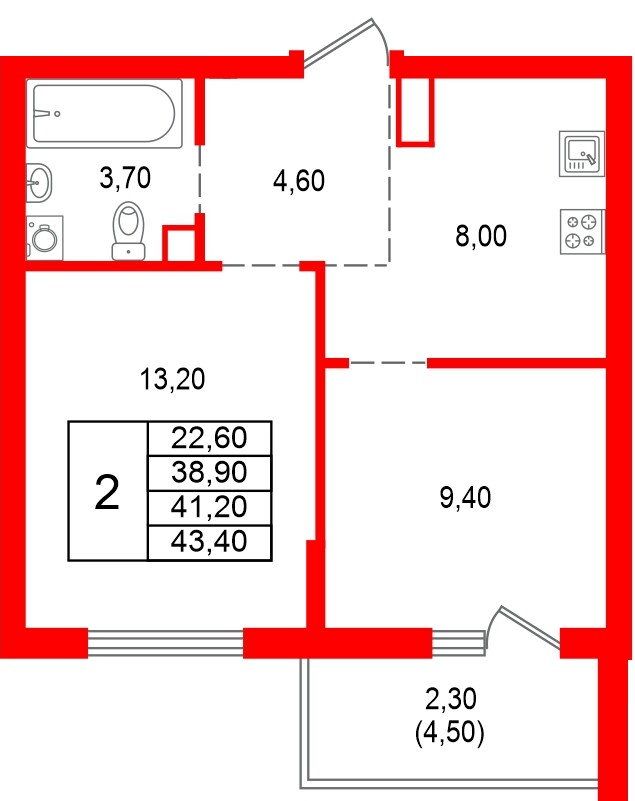Квартира в ЖК Альпенштадт, 2 комнатная, 41.2 м², 10 этаж