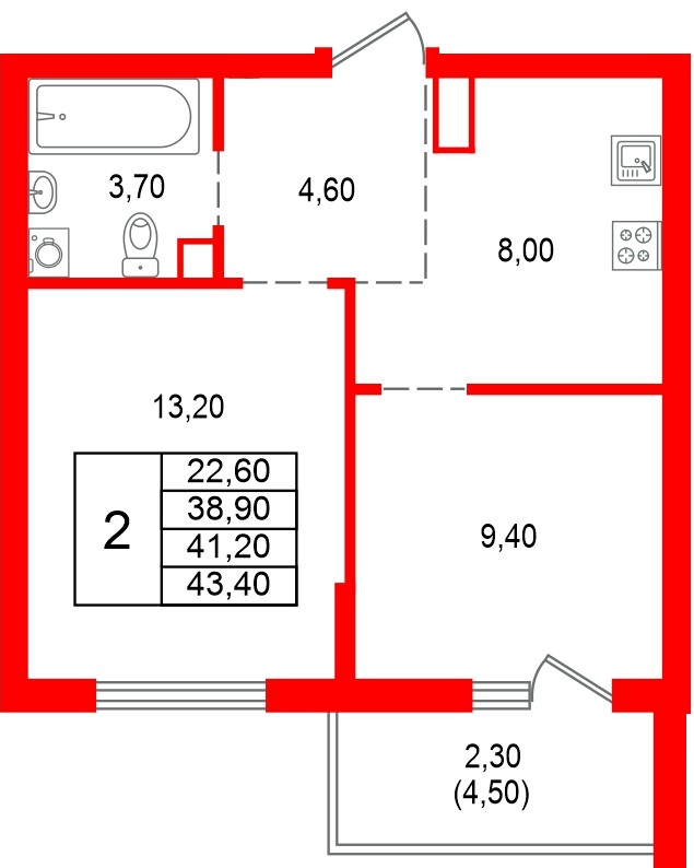 Квартира в ЖК Альпенштадт, 2 комнатная, 41.2 м², 12 этаж