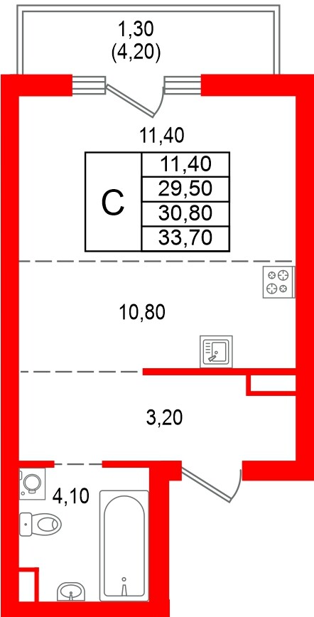 Квартира в ЖК Альпенштадт, студия, 30.8 м², 12 этаж