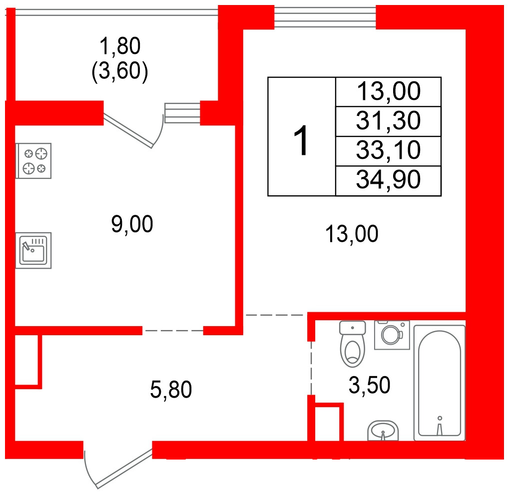 Квартира в ЖК Альпенштадт, 1 комнатная, 33.1 м², 14 этаж