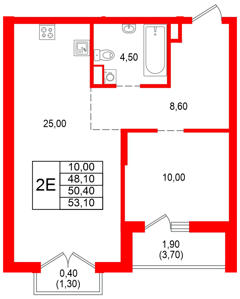 Квартира в ЖК Альпенштадт, 1 комнатная, 50.4 м², 7 этаж